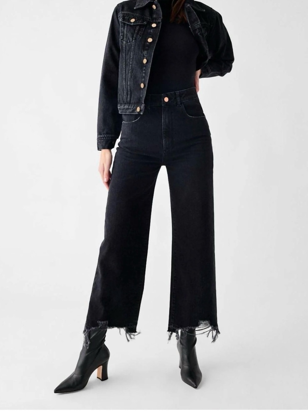 DL1961 Black High-Rise Wide-Leg Jeans with Frayed Hem